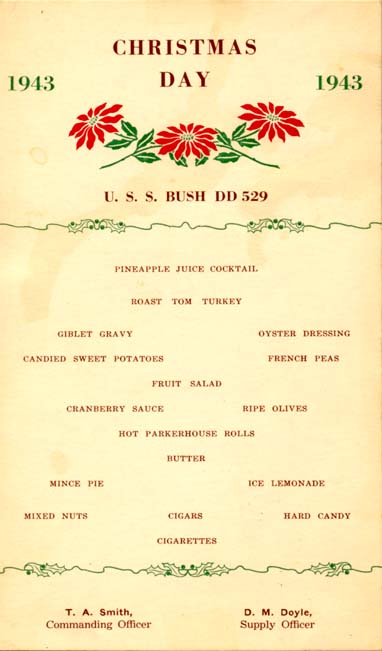 USS BUSH 1943 Christmas Dinner Menu